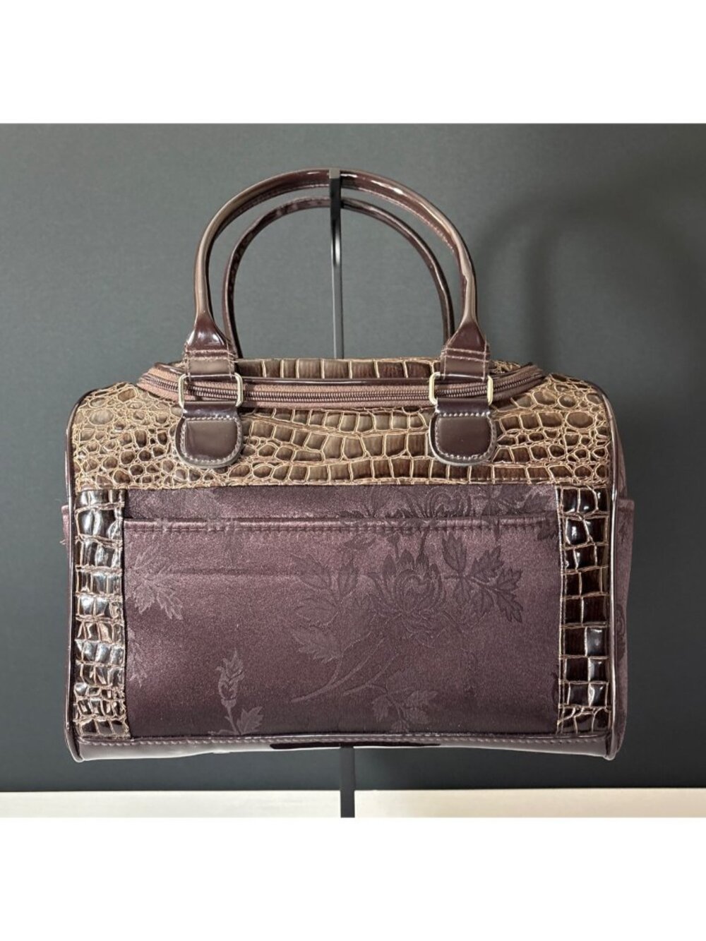 Faux Crocodile Travel Bag  Duffel Dual Handbag With Cosmetic Case Brown Floral - Picture 3 of 16